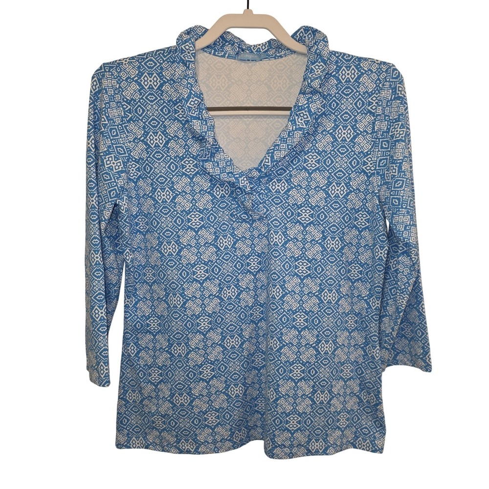 J McLaughlin Cataline Cloth Top Women M Blue Geometric Ruffle Preppy Capsule